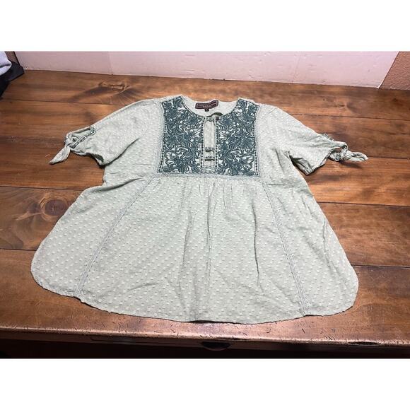 Double D Ranch Embroidered Top Women's Large Green Tie Sleeve BOHO Western - Picture 5 of 12